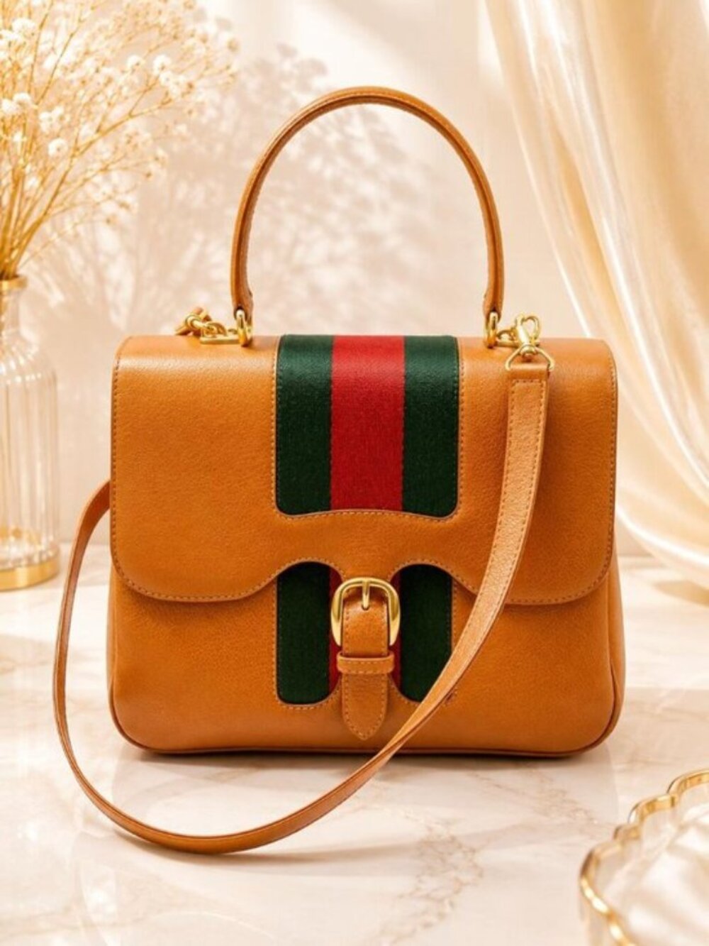 Authentic Gucci Vintage Web Stripe Tan Leather Top Handle Crossbody Satchel Bag